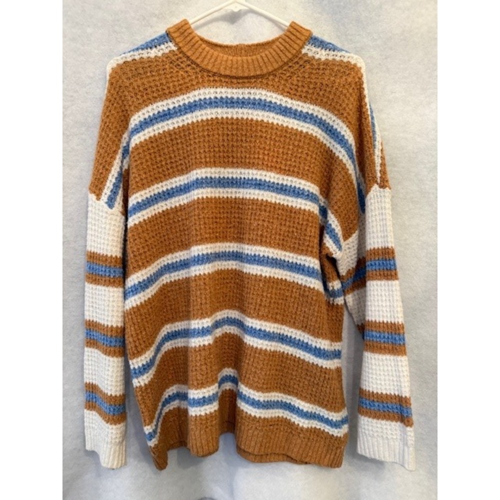 American Eagle Striped Waffle Knit Sweater Rust Blue White Crew Neck‎ Small